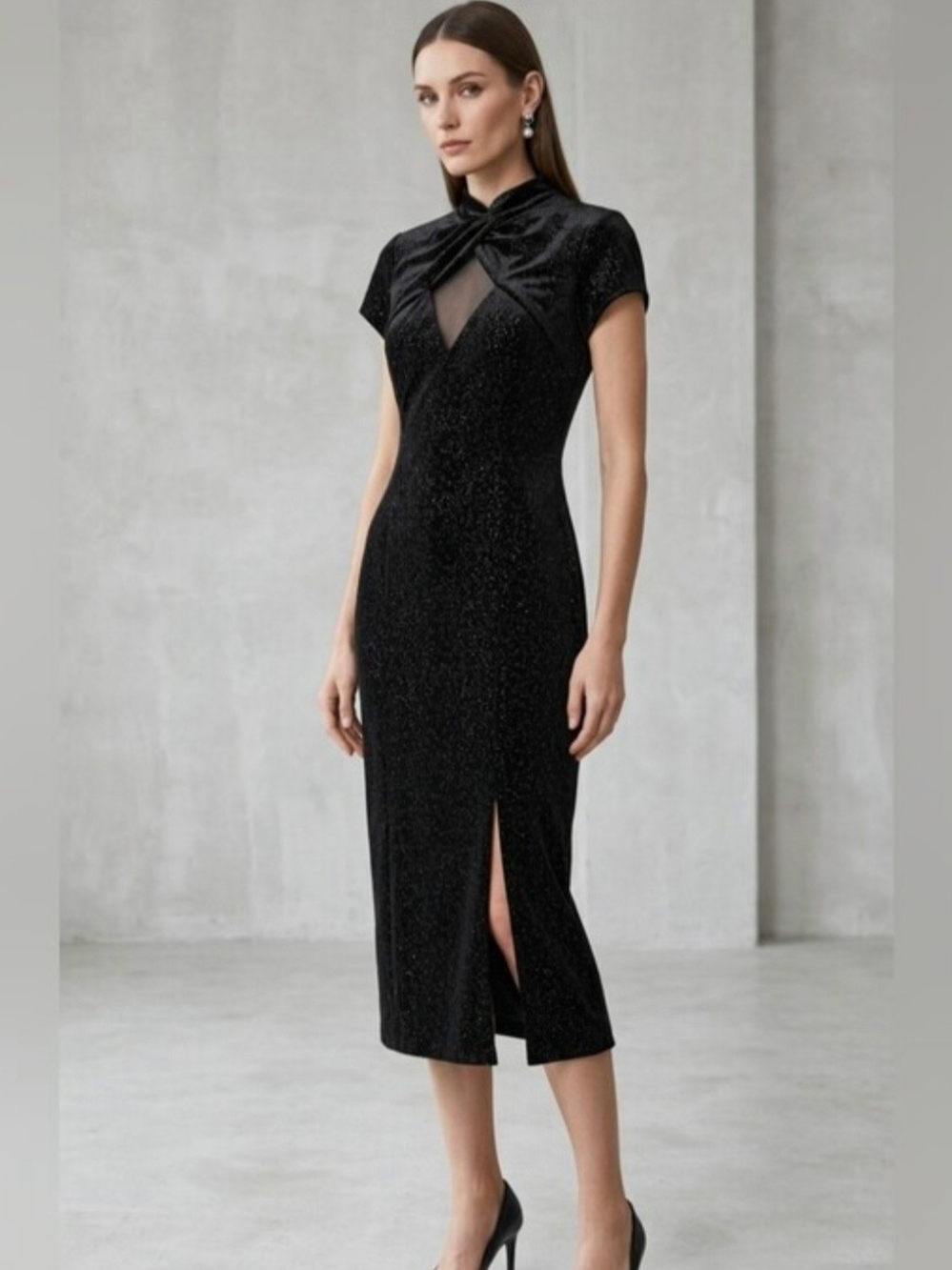 Betsy & Adam Sparkly Black Midi Dress Short Sleeve Sheer Twist Neck Slit Vintage